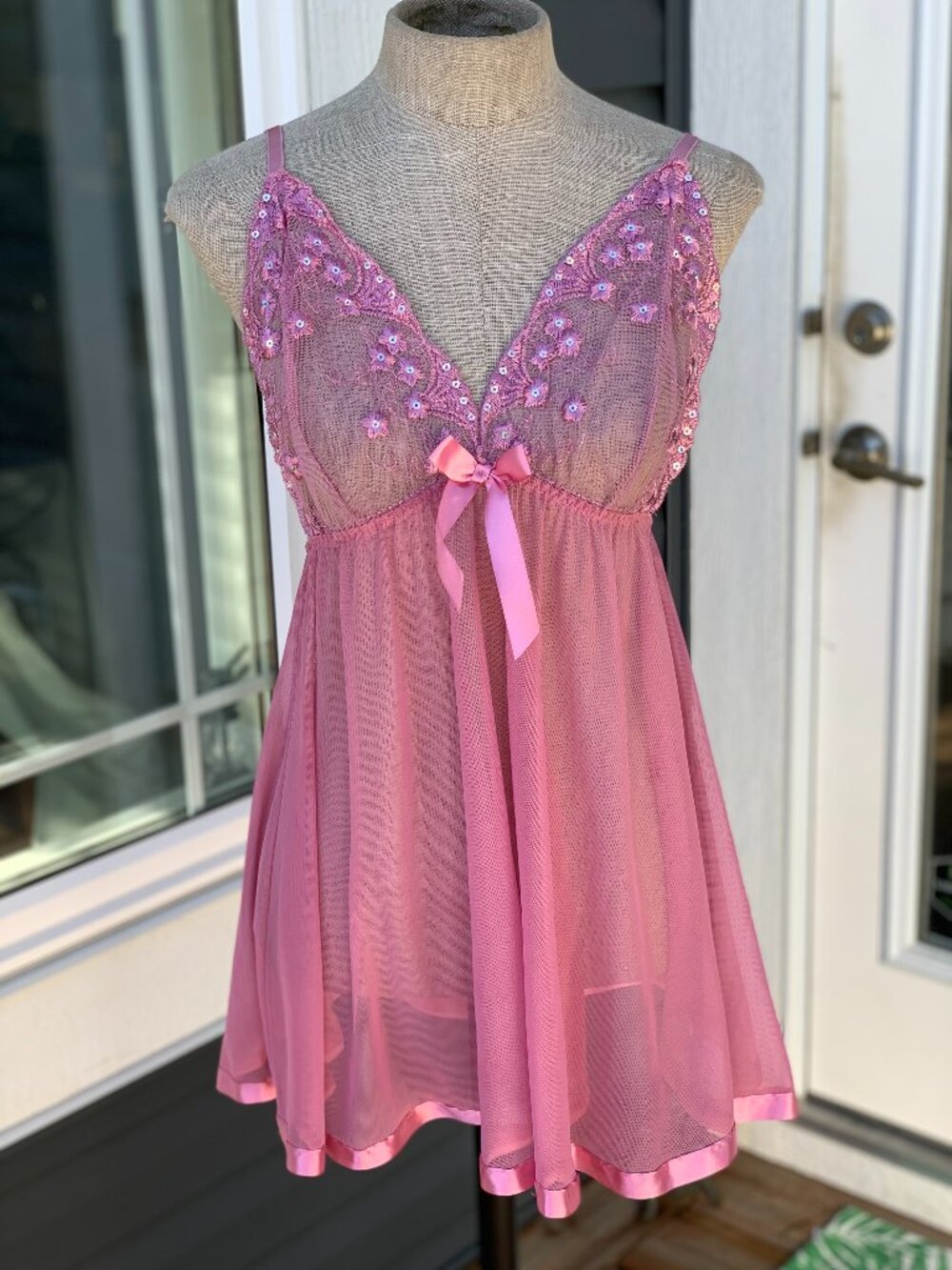 Vtg Y2K Babydoll Slip Dress XL Pink Sheer Lace Whimsigoth Coquette Boho Lingerie
